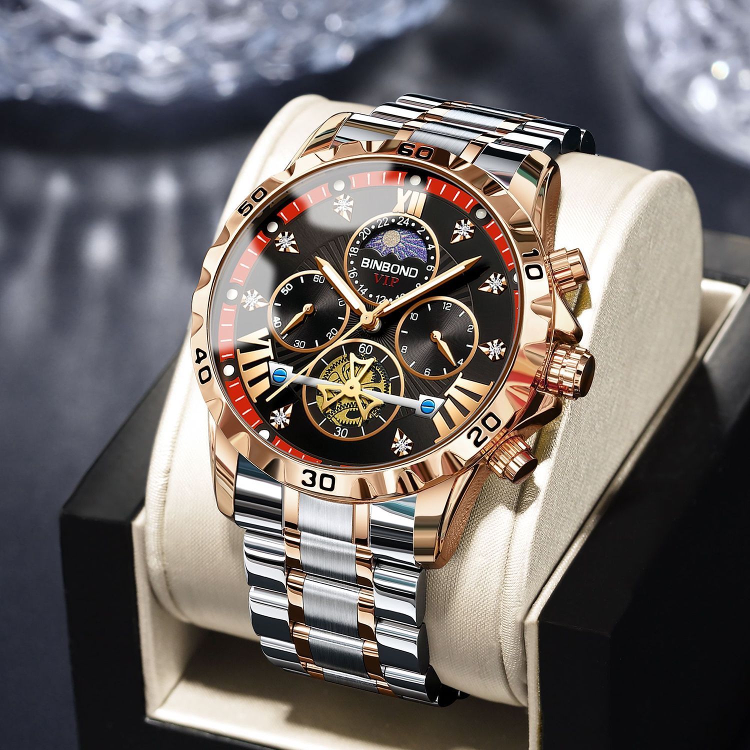 ساعت مچی مردانه برند ☑️BIN BOND            VIP  Original watch 🫆  《highe quality》                        بین باند الماسی نو   نمایش روز ماه صفحه شب نما  برند شرکتی  دارای روز شمار کرنوگراف  بندفولادی ضد زنگ مقاوم دربرابر آب  رنگ ثابت  قفل کلیپسی موتور کوارتز شرکتی  خاص وجذاب