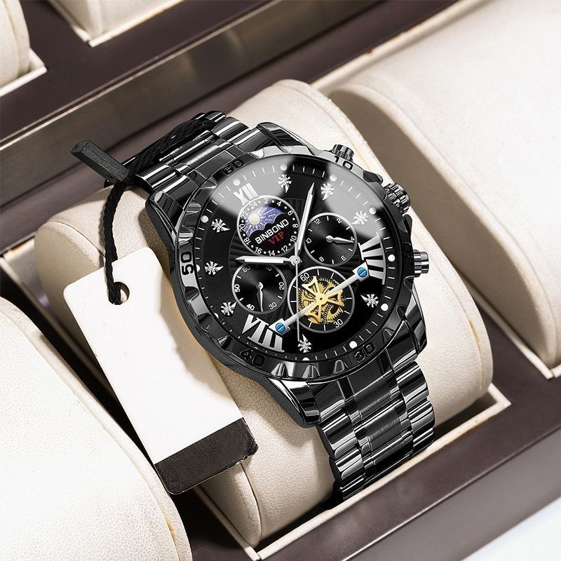 ساعت مچی مردانه برند بین باند ☑️BIN BOND            VIP Original watch 🫆  《highe quality》                        بین باند الماسی نو   نمایش روز ماه صفحه کهکشانی شب نما  برند شرکتی  دارای روز شمار کرنوگراف  بندفولادی ضد زنگ مقاوم دربرابر آب  رنگ ثابت  قفل کلیپسی موتور کوارتز شرکتی  خاص وجذاب  دارای رنگبندی