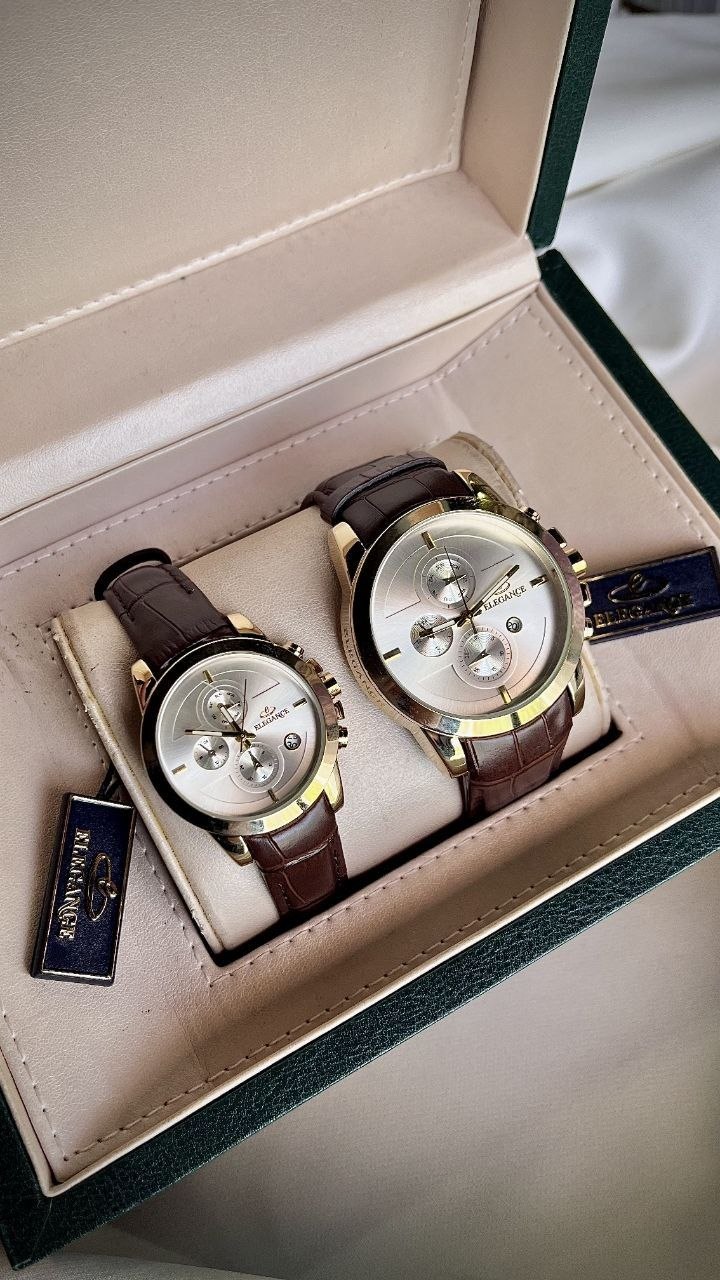 ست ساعت زنانه و مردانه ☑️ELEGANCE  🔥excellent   ⌚️ الگانس مناسب آقایان   دارای روز شمار بالاترین گرید بازار  موتور ژاپن  قفل پروانه ای  رنگ ثابت  بندچرمی فیکس موتور کوارتز طرح کرنوگراف