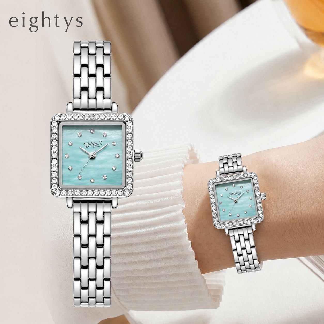 ساعت مچی زنانه ☑️ eightys  jewellery  ترکیبی از زیبایی، درخشش و استایل خاص برای بانوان شیک‌پوش.  مناسب مهمانی هدیه و استفاده روزانه ✨ برند شرکتی  شیشه سافایر  قفل پروانه ای  موتورکوارتز  بند استیل مقاوم دربرابر آب