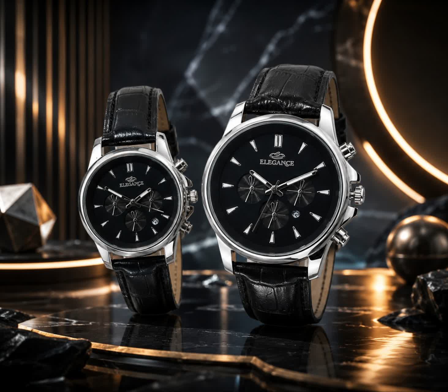ست ساعت زنانه و مردانه ☑️ELEGANCE   Couple watch ⌚️    ست الگانس   قفل کمربندی بند چرمی موتور کوارتز  طرح کرنوگراف  دارای روز شمار