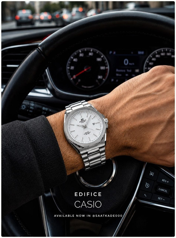 ساعت مچی مردانه Edifice Casio ساعت بند استیل کاسیو ادیفایس موتور شرکتی گرید A++ نمایشگر ایام ماه شیشه کریستال نشکن قاب پشت و بند استیل رنگ ثابت قفل استیل فشاری