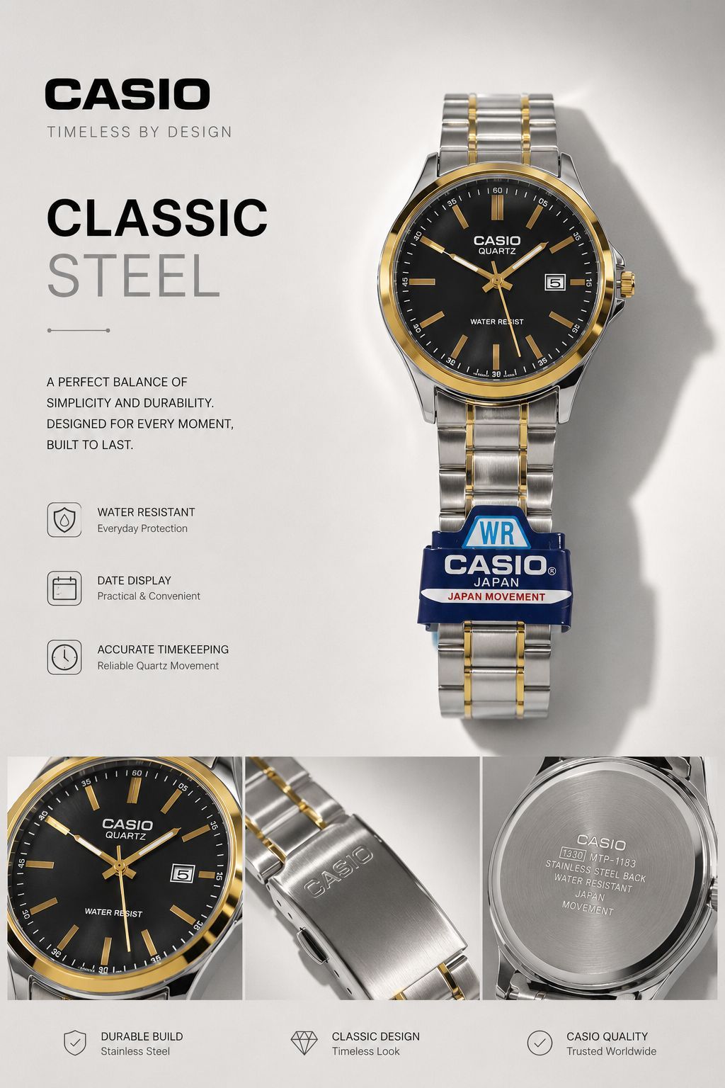 ساعت مچی کاسیو CASIO کاسیو تاریخ دار   قفل کلیپسی،کیفیت سفارشی  دارای روز شمار  مقاوم دربرابر آب  بند استیل،موتور