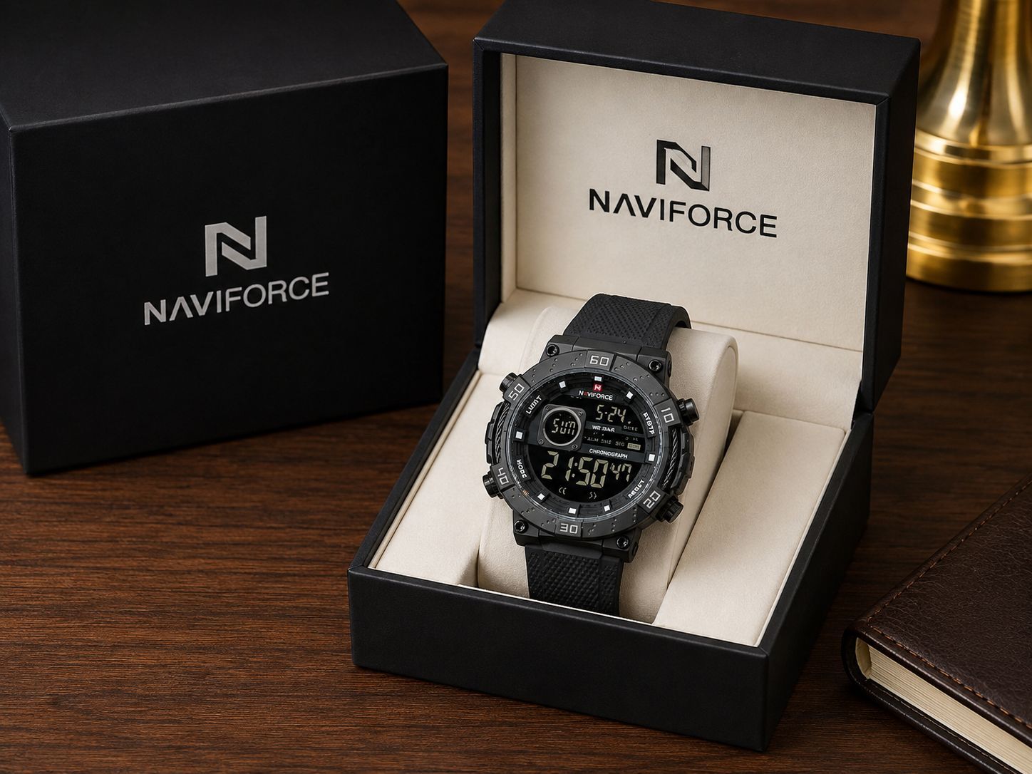 ساعت مردانه NAVIFORCE   🏷️ برند: NAVIFORCE 👨 مناسب: آقایان ⚙️ نوع موتور: کوارتز آنالوگ–دیجیتال 🔋 منبع انرژی: باتری 🔢 نمایشگر: ترکیبی عقربه‌ای و دیجیتال ⏱️ کرنوگراف: دارد 📅 نمایش تاریخ: دارد 💡 نور صفحه: دارد ⏰ آلارم: دارد 🔘 دکمه‌های تنظیم: چندمنظوره 🔗 بند:پیو اسم برند نوشته شده  🔒 نوع قفل: سگکی ساده  🖤 رنگ صفحه: مشکی  ✨ رنگ بند: مشکی   🎁 بسته‌بندی:  دفترچه و تگ برند   ⚡ طراحی اسپرت و جذاب؛ مناسب استفاده