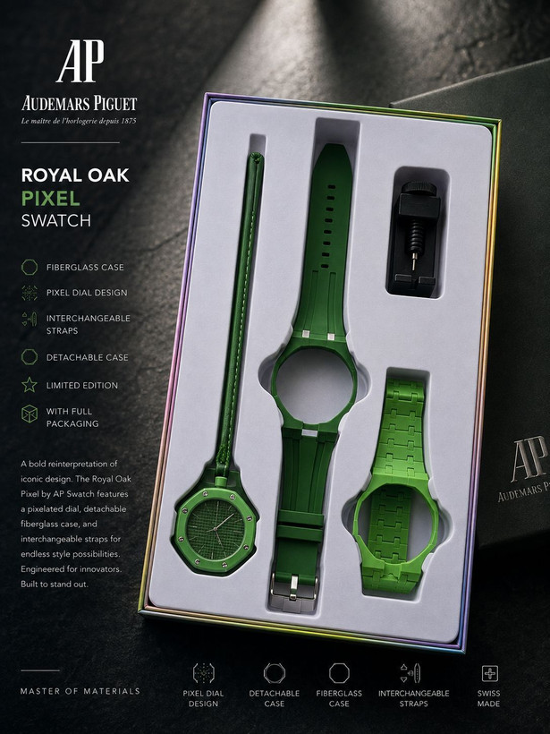 ساعت اسپرت AP × Swatch Royal Pop (ZZ) | کد W1 ✨ طراحی خاص Royal Pop با صفحه پیکسلی ✅ فریم فایبرگلس و قاب جداشونده 🔄 ۳ بند قابل تعویض (سیلیکونی، استیل و چرمی) ⚙️ موتور کوارتز دقیق 💎 شیشه معدنی مقاوم 👫 مناسب خانمها و آقایان 🎁 همراه پک کامل و ابزار تعویض بند