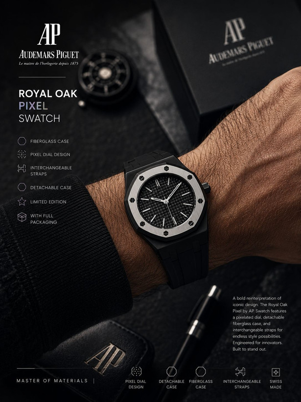 ساعت اسپرت AP × Swatch Royal Pop (ZZ) | کد W1 ✨ طراحی خاص Royal Pop با صفحه پیکسلی ✅ فریم فایبرگلس و قاب جداشونده 🔄 ۳ بند قابل تعویض (سیلیکونی، استیل و چرمی) ⚙️ موتور کوارتز دقیق 💎 شیشه معدنی مقاوم 👫 مناسب خانمها و آقایان 🎁 همراه پک کامل و ابزار تعویض بند