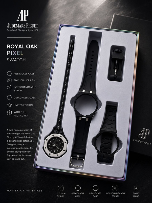 ساعت اسپرت AP × Swatch Royal Pop (ZZ) | کد W1 ✨ طراحی خاص Royal Pop با صفحه پیکسلی ✅ فریم فایبرگلس و قاب جداشونده 🔄 ۳ بند قابل تعویض (سیلیکونی، استیل و چرمی) ⚙️ موتور کوارتز دقیق 💎 شیشه معدنی مقاوم 👫 مناسب خانمها و آقایان 🎁 همراه پک کامل و ابزار تعویض بند