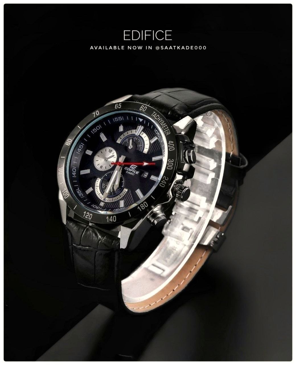 Edifice Casio For Men  ساعت بند چرم مردانه کاسیو با قفل کلیپسی   موتور شرکتی درجه‌یک دارای نمایشگر ایام ماه  بند چرم صنعتی قفل استیل کلیپسی (پروانه‌ای)