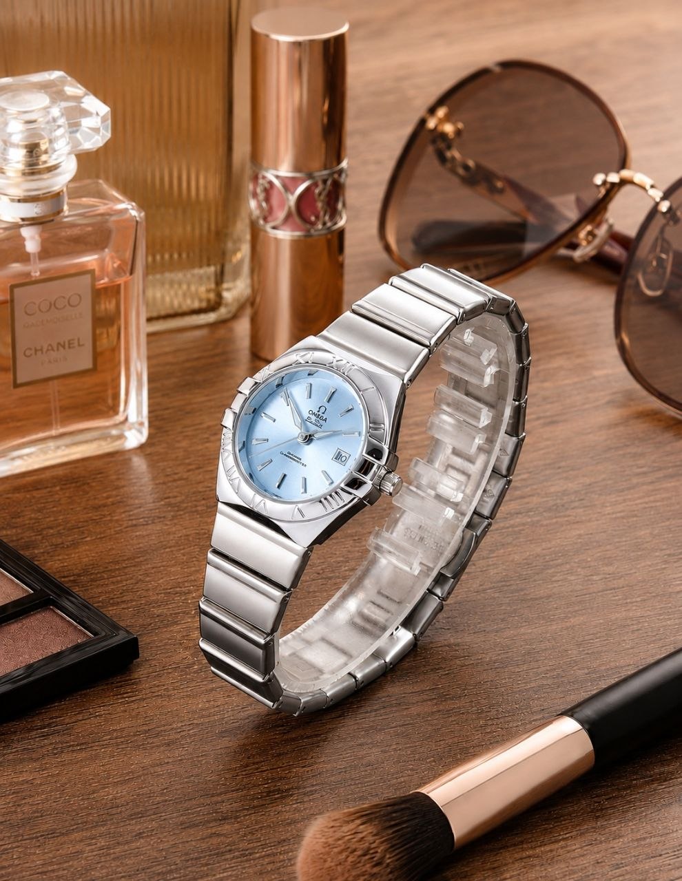 ساعت مچی مردانه OMEGA Constellation  امگا کانستلیشن ساعت بند استیل برای خانمها  موتور شرکتی گرید A++ نمایشگر ایام ماه شیشه کریستال نشکن  قاب پشت و بند استیل رنگ ثابت  قفل استیل طرح مخفی