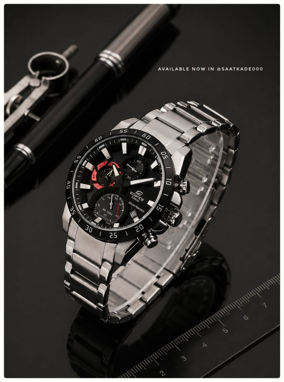 ساعت مچی مردانه Edifice Casio  برای آقایان   موتور تایوان تحت لیسانس کاسیو ۳ موتور فعال کرنوگراف نمایشگر ایام ماه شیشه سافایر ضدخش قاب پشت و بند استیل قفل استیل پروانه‌ای